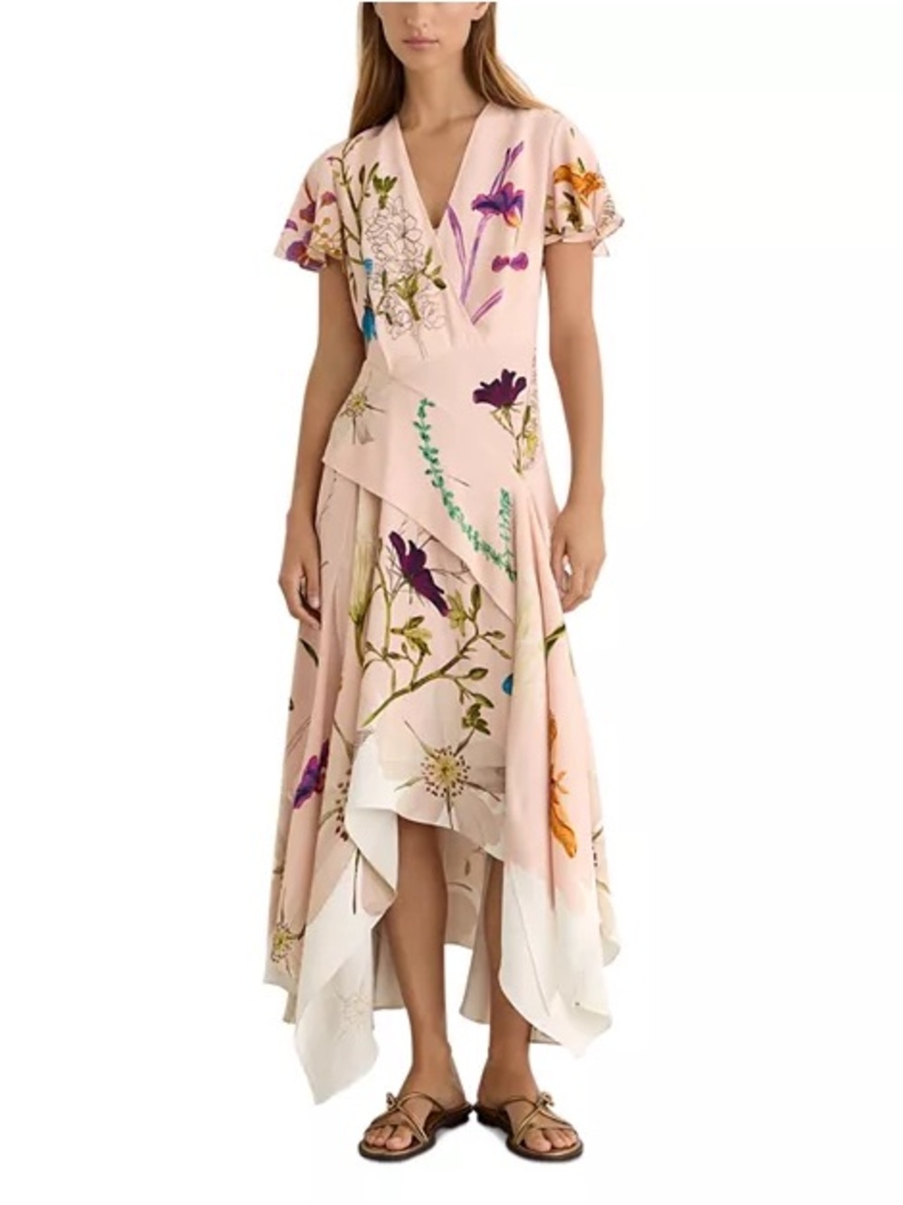 Reiss Pale Pink Floral Handkerchief-Hem Dress